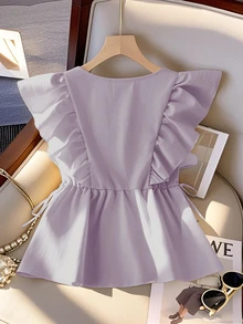 SHEIN PariChic Women's Sweet French Style Cap Sleeve V-Neck Cropped Ruffle Hem Tie Front Blouse, Spring/Summer Peplum Top Women Light Purple Top - Lilac Purple - View 2