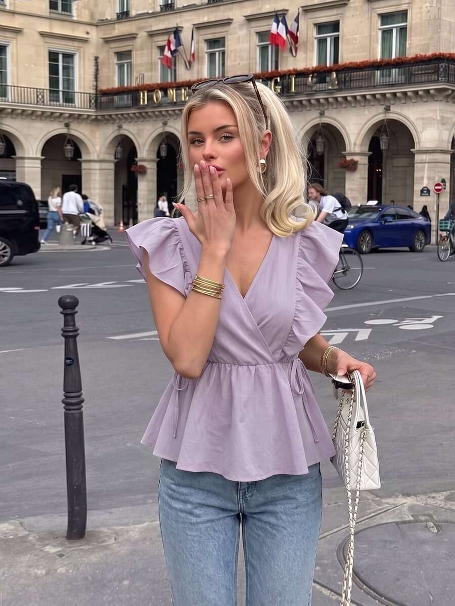 SHEIN PariChic Women's Sweet French Style Cap Sleeve V-Neck Cropped Ruffle Hem Tie Front Blouse, Spring/Summer Peplum Top Women Light Purple Top - Lilac Purple - View 1