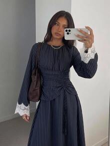 Siren Gaze Women's Striped Round Neck Lace Cuff Waist Drawstring Design Elegant Long Dress - Navy Blue - View 4