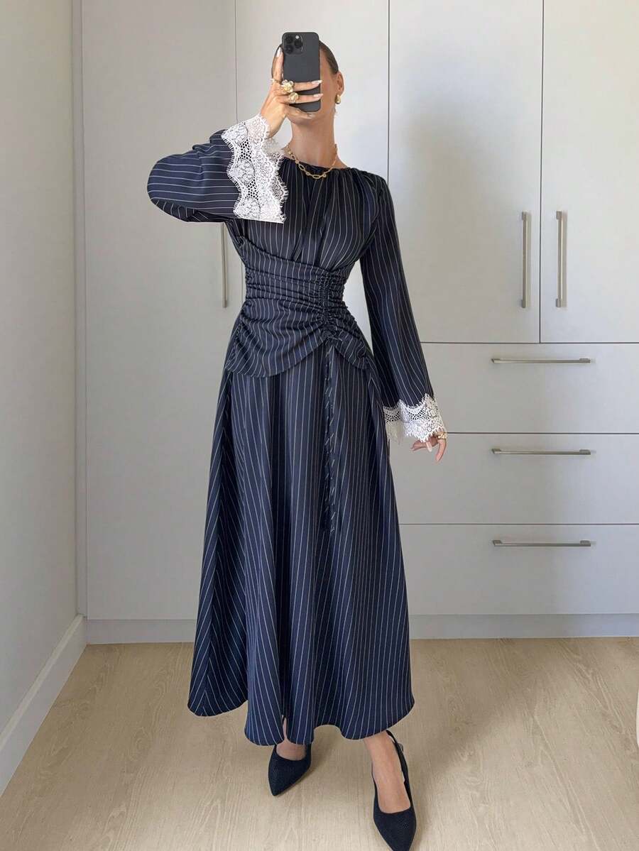 Siren Gaze Women's Striped Round Neck Lace Cuff Waist Drawstring Design Elegant Long Dress