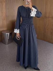 Siren Gaze Women's Striped Round Neck Lace Cuff Waist Drawstring Design Elegant Long Dress - Navy Blue - View 1