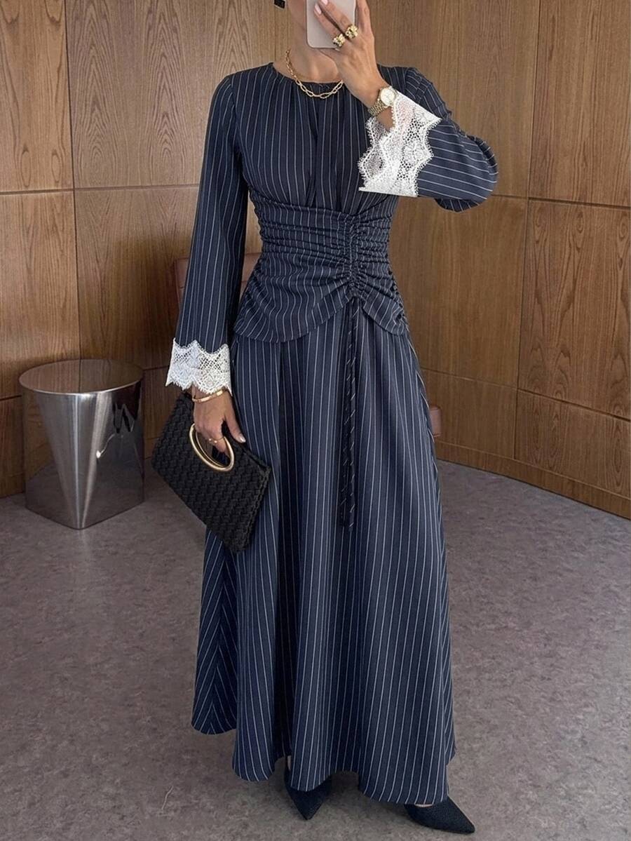 Siren Gaze Women's Striped Round Neck Lace Cuff Waist Drawstring Design Elegant Long Dress - Navy Blue - View 1
