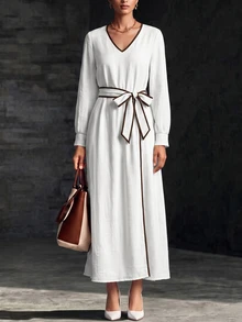 SHEIN French Style Colorblock White Trim V Neck Waist Tie Commuter Long Dress Brunch Tea Party Fall Elegant - White - View 4
