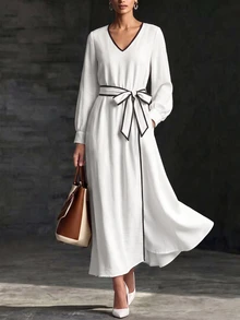 SHEIN French Style Colorblock White Trim V Neck Waist Tie Commuter Long Dress Brunch Tea Party Fall Elegant - White - View 3