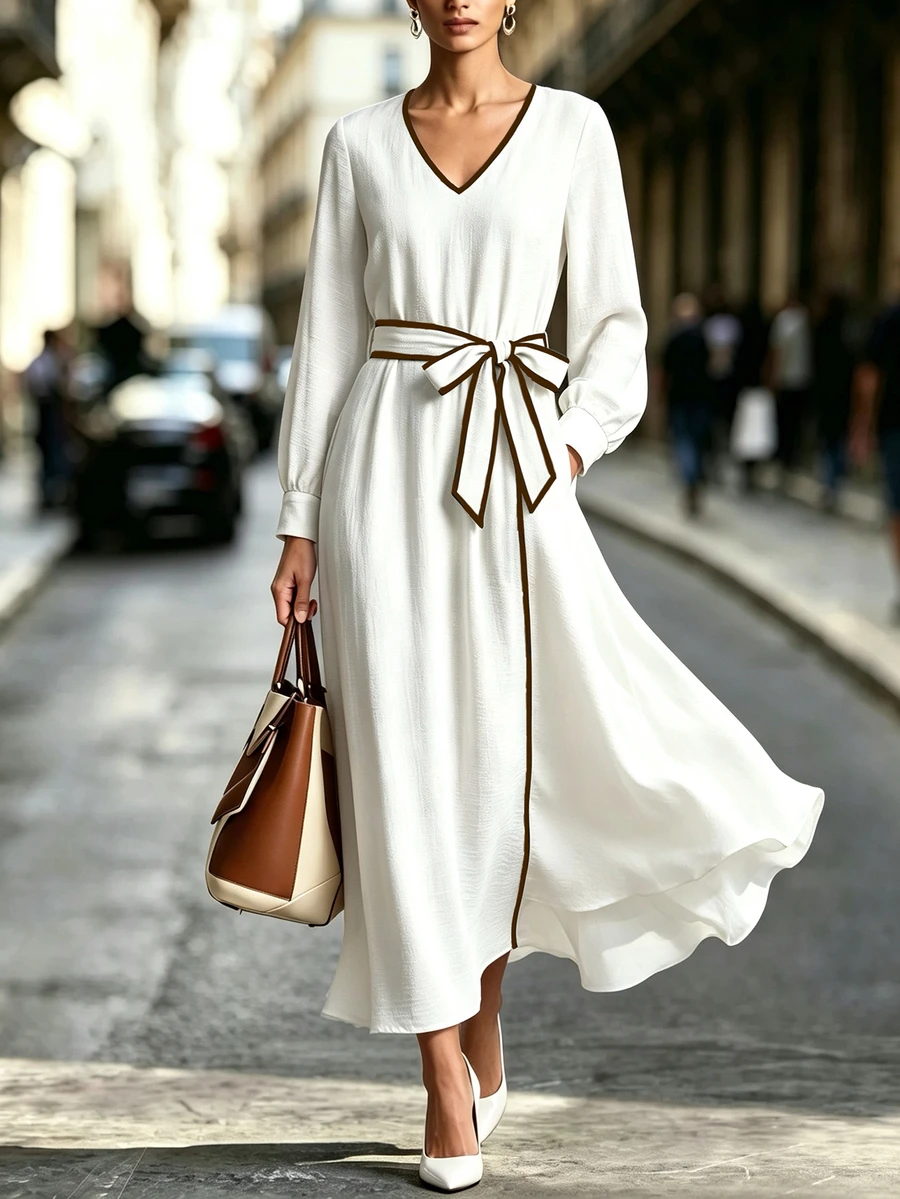 SHEIN French Style Colorblock White Trim V Neck Waist Tie Commuter Long Dress Brunch Tea Party Fall Elegant - White - View 1