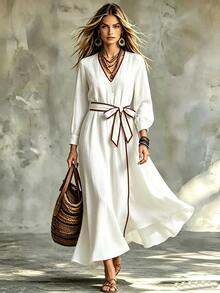 SHEIN French Style Colorblock White Trim V Neck Waist Tie Commuter Long Dress Brunch Tea Party Fall Elegant - White - View 5