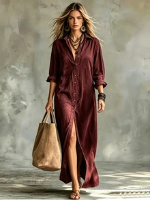 SHEIN Lazy Relaxed Linen Button-Down Shirt Dress, Vintage Lapel V-Neck Long Sleeve Dress - Redwood - View 4