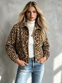 SHEIN LUNE Leopard Print Digital Print Front Zipper Opening Composite Fleece Long Sleeve Jacket Formal Office Homewear Going Out White Winter Casual Baggy - Multicolor - View 7