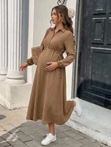 SHEIN فستان أمومة بلون موحد مع أزرار أمامية وربطة جانبية للخصر، كاجوال أنيق، مناسب لجلسات التصوير في الخريف، بني - كاكي - مشاهدة 3