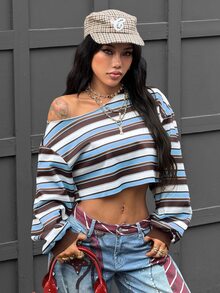 Coolane 女款秋季休閒街頭風學院風基礎款度假藍棕條紋寬鬆短版露肩長袖衛衣上衣 - 彩色 - 查看 7