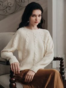 Anewsta Pearl Decor Crew Neck Knit Sweater, Raglan Long Sleeve Loose Pullover, Vintage Elegant Women Knit Top For Fall Winter Daily Outing - Apricot - View 7