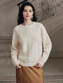 Anewsta Pearl Decor Crew Neck Knit Sweater, Raglan Long Sleeve Loose Pullover, Vintage Elegant Women Knit Top For Fall Winter Daily Outing - Apricot - View 3