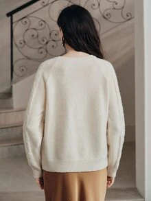Anewsta Pearl Decor Crew Neck Knit Sweater, Raglan Long Sleeve Loose Pullover, Vintage Elegant Women Knit Top For Fall Winter Daily Outing - Apricot - View 2