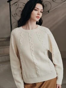 Anewsta Pearl Decor Crew Neck Knit Sweater, Raglan Long Sleeve Loose Pullover, Vintage Elegant Women Knit Top For Fall Winter Daily Outing - Apricot - View 5