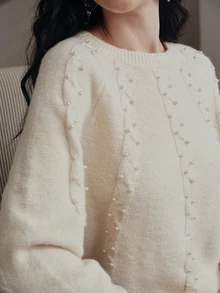 Anewsta Pearl Decor Crew Neck Knit Sweater, Raglan Long Sleeve Loose Pullover, Vintage Elegant Women Knit Top For Fall Winter Daily Outing - Apricot - View 8