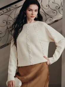 Anewsta Pearl Decor Crew Neck Knit Sweater, Raglan Long Sleeve Loose Pullover, Vintage Elegant Women Knit Top For Fall Winter Daily Outing - Apricot - View 4