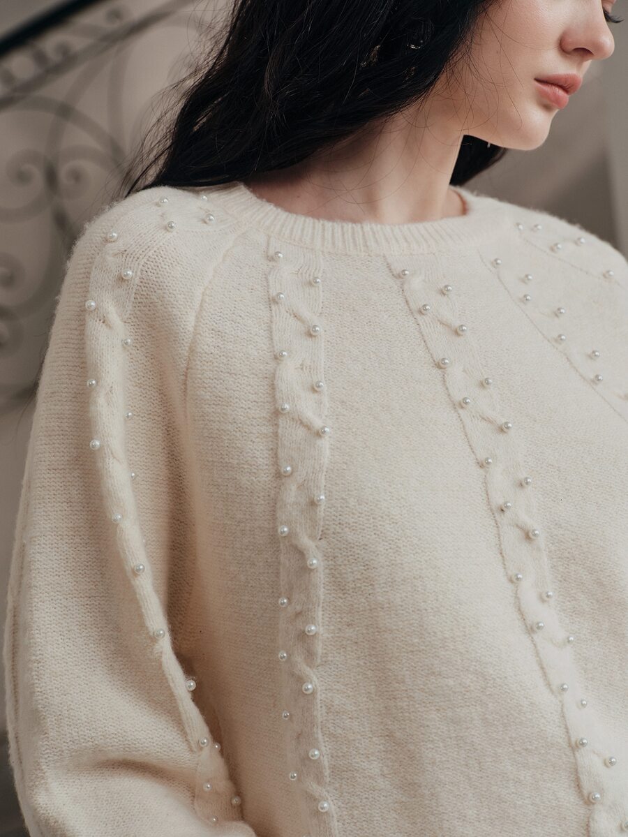 Anewsta Pearl Decor Crew Neck Knit Sweater, Raglan Long Sleeve Loose Pullover, Vintage Elegant Women Knit Top For Fall Winter Daily Outing - Apricot - View 1