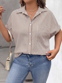 Vionelle 大尺碼女款白色單排扣襯衫 夏季商務休閒 柔軟修身 職場正式 健身運動風 優雅鈕扣上衣 - 卡其色 - 查看 5