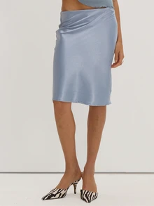 MUSEYN Blue Satin Low Waist Midi Skirt Classy Date Night Chic Evening Fall - Blue - View 2