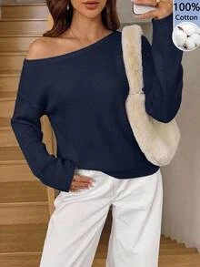 Easowa Solid Color Cotton Navy Blue Women's Asymmetrical Shoulder Sweater - Navy Blue - View 1