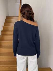 Easowa Solid Color Cotton Navy Blue Women's Asymmetrical Shoulder Sweater - Navy Blue - View 5