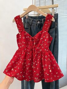 SHEIN PariChic 女士甜美碎花系带装饰宽松无袖吊带背心，日常红色碎花细肩带吊带衫，节日红色碎花吊带衫 - 紅色 - 查看 4