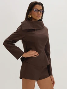 MUSEYN Brown Woven Structured Asymmetric Oversized Collar Long Sleeve Top Tailored Classy Date Night Chic Evening Elegant Commute - Coffee Brown - View 4