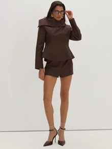 MUSEYN Brown Woven Structured Asymmetric Oversized Collar Long Sleeve Top Tailored Classy Date Night Chic Evening Elegant Commute - Coffee Brown - View 3