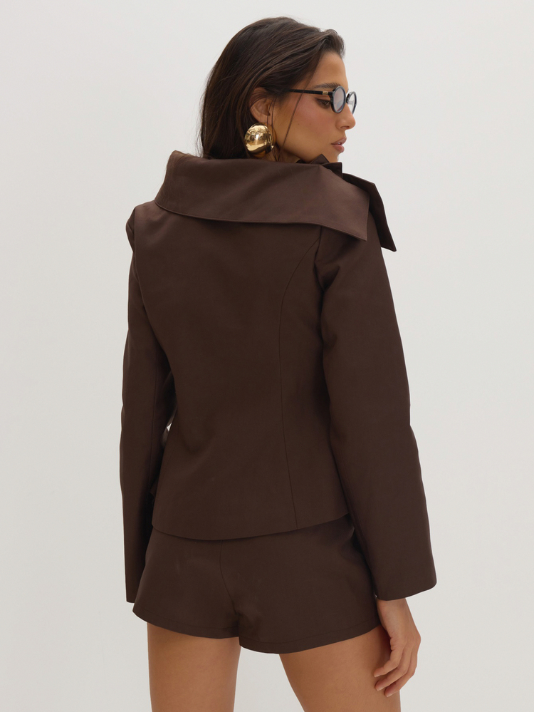 MUSEYN Brown Woven Structured Asymmetric Oversized Collar Long Sleeve Top Tailored Classy Date Night Chic Evening Fall - Coffee Brown - View 5