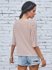 SHEIN PariChic 女款秋季白色紅棕條紋中袖圓領寬鬆袖口上衣，時尚場合穿搭，適合日常外出、度假、辦公通勤 - 棕色 - 查看 2