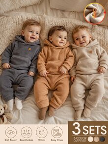 SHEIN 3套幼兒男嬰連帽褲裝套裝，可愛炭灰色焦糖色米色，毛茸茸絨毛布料，口袋長袖連帽加厚款，冬季假期寬鬆羅紋設計 - 彩色 - 查看 1