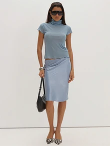MUSEYN Blue Sheer Turtle Neck Short Sleeve Top Classy Date Night Chic Evening Fall - Blue - View 3