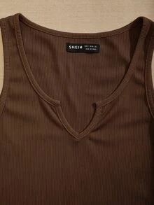 SHEIN PariChic 女士夏季休闲通勤简约纯色罗纹针织V领短款背心 - 棕色 - 查看 8