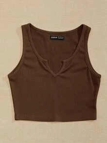 SHEIN PariChic 女士夏季休闲通勤简约纯色罗纹针织V领短款背心 - 棕色 - 查看 7