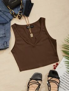 SHEIN PariChic 女士夏季休闲通勤简约纯色罗纹针织V领短款背心 - 棕色 - 查看 4