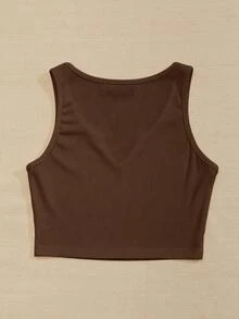 SHEIN PariChic 女士夏季休闲通勤简约纯色罗纹针织V领短款背心 - 棕色 - 查看 2