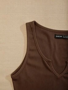 SHEIN PariChic 女士夏季休闲通勤简约纯色罗纹针织V领短款背心 - 棕色 - 查看 5