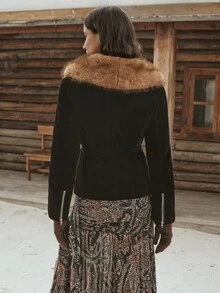 MOTF PREMIUM 2026 AUTUMN/WINTER NEW WOMEN'S PATCHWORK FUR COLLAR WAIST BUCKLE DESIGN WINTER COAT - Black - View 3