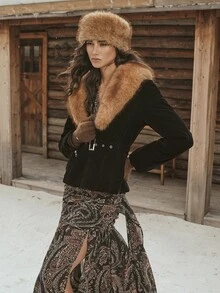 MOTF PREMIUM 2026 AUTUMN/WINTER NEW WOMEN'S PATCHWORK FUR COLLAR WAIST BUCKLE DESIGN WINTER COAT - Black - View 4