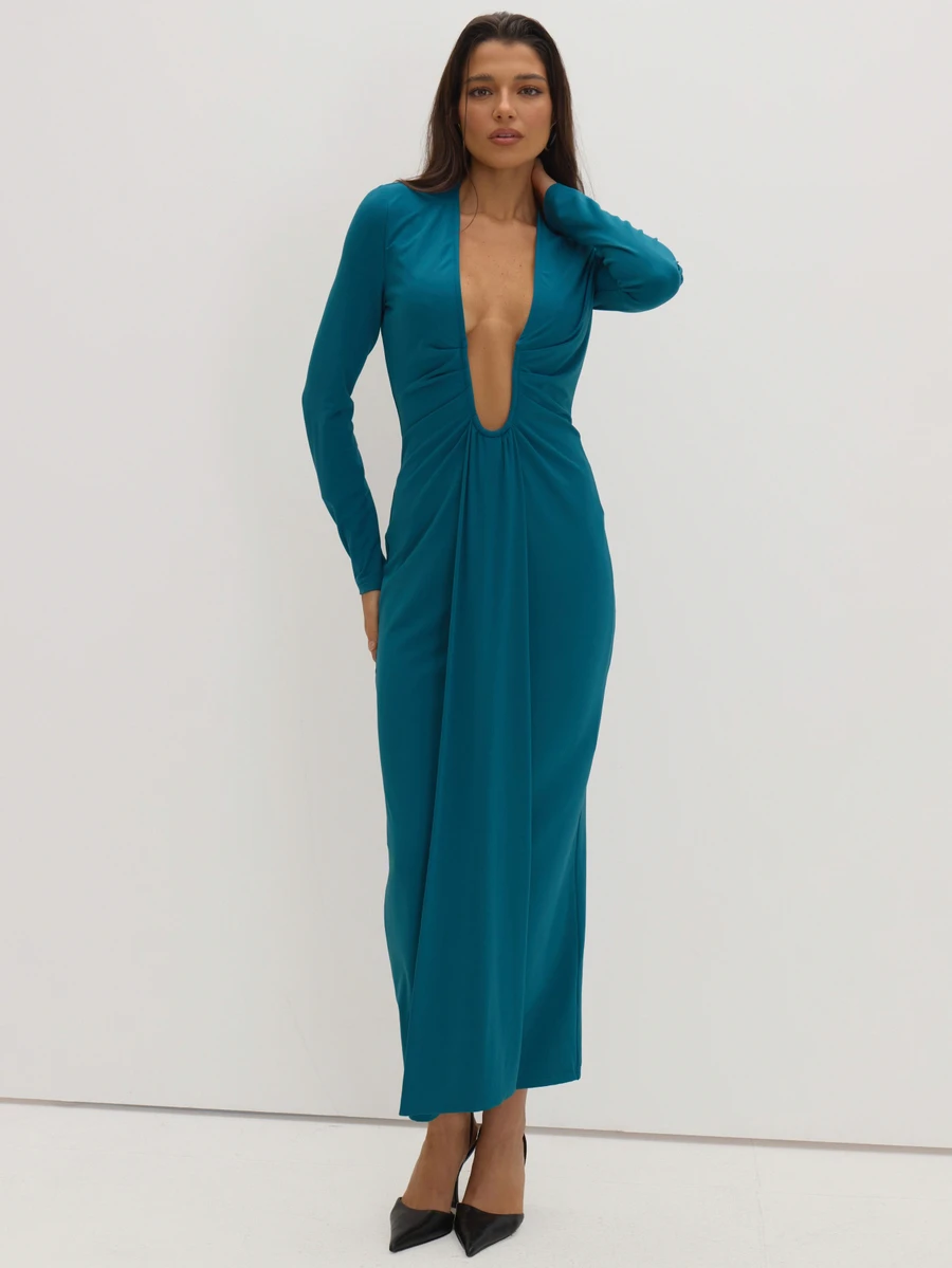 MUSEYN Teal Blue Jersey Deep Plunge Long Sleeve Maxi Dress Classy Date Night Chic Evening Fall - Dark Green - View 1