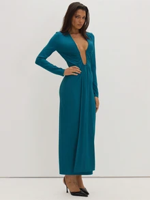 MUSEYN Teal Blue Jersey Deep Plunge Long Sleeve Maxi Dress Classy Date Night Chic Evening Fall - Dark Green - View 4