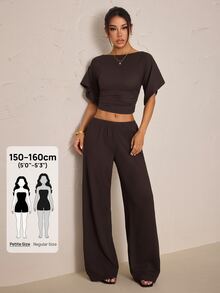 SHEIN PETITE Women's Solid Color Boat Neck Batwing Short Sleeve Cropped Top And Long Pants Casual 2 Pieces Set Everyday Lounge Dark Brown,Summer/Fall,Petite - Brown - View 9