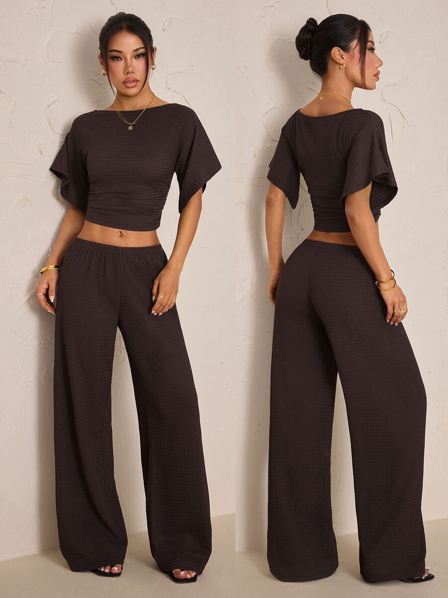 SHEIN PETITE Women's Solid Color Boat Neck Batwing Short Sleeve Cropped Top And Long Pants Casual 2 Pieces Set Everyday Lounge Dark Brown,Summer/Fall,Petite - Brown - View 1