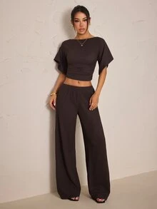 SHEIN PETITE Women's Solid Color Boat Neck Batwing Short Sleeve Cropped Top And Long Pants Casual 2 Pieces Set Everyday Lounge Dark Brown,Summer/Fall,Petite - Brown - View 7