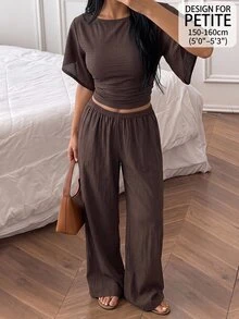 SHEIN PETITE Women's Solid Color Boat Neck Batwing Short Sleeve Cropped Top And Long Pants Casual 2 Pieces Set Everyday Lounge Dark Brown,Summer/Fall,Petite - Brown - View 12