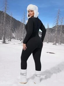 SHEIN CURVE+ Plus Size Women's Solid Color Zipper Front Long Sleeve Thermal Lined Jumpsuit Suitable For Outdoor, Home And Casual Occasions Fall - Black - View 2