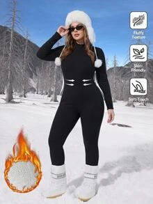 SHEIN CURVE+ Plus Size Women's Solid Color Zipper Front Long Sleeve Thermal Lined Jumpsuit Suitable For Outdoor, Home And Casual Occasions Fall - Black - View 1