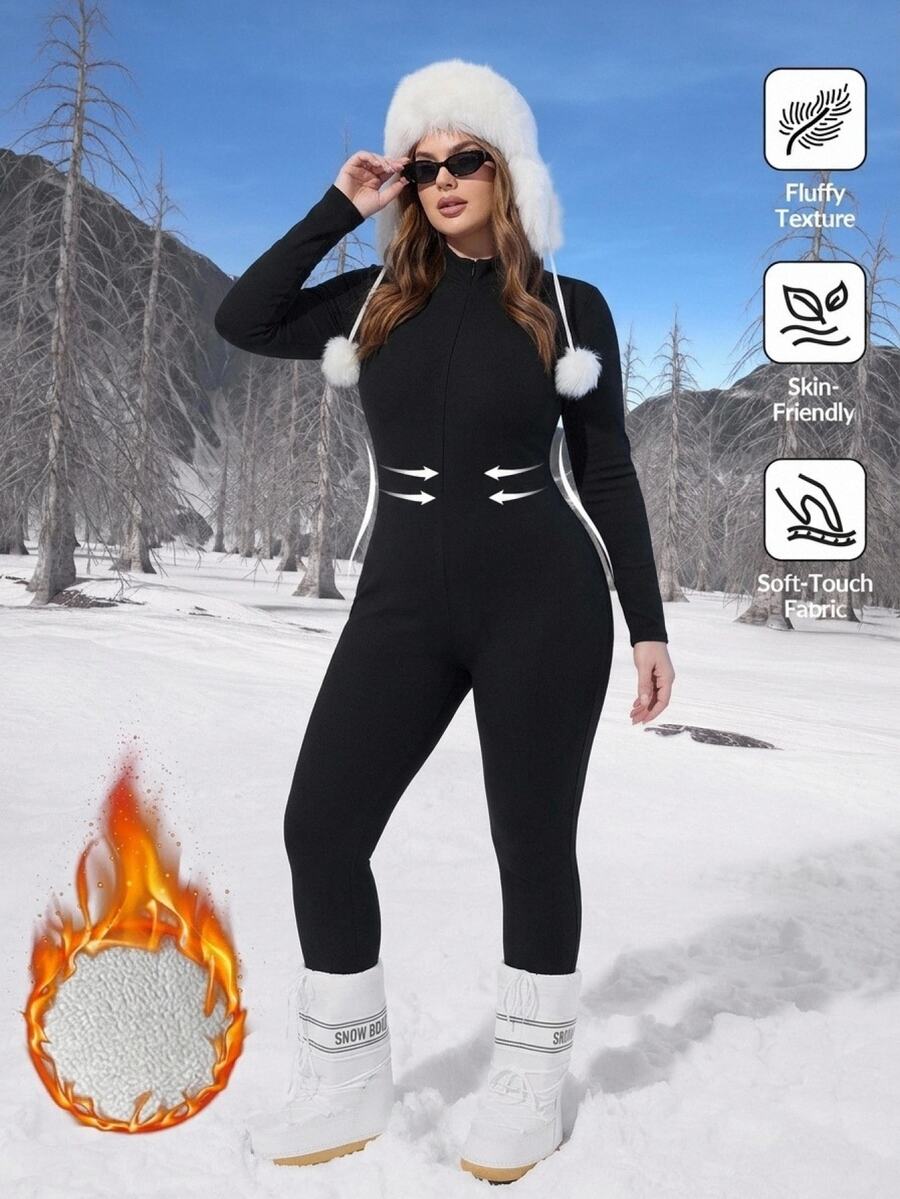 SHEIN CURVE+ Plus Size Women's Solid Color Zipper Front Long Sleeve Thermal Lined Jumpsuit Suitable For Outdoor, Home And Casual Occasions Fall - Black - View 1