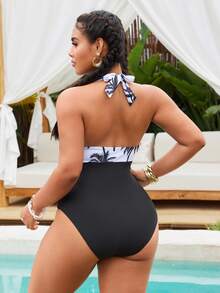 SHEIN Swim Plus Size Plant Printed One-Piece Halter Ruched Swimsuit For Summer Beach Vacation - Black and White - View 5