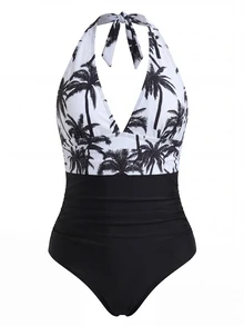 SHEIN Swim Plus Size Plant Printed One-Piece Halter Ruched Swimsuit For Summer Beach Vacation - Black and White - View 3